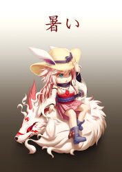  1girl animal_ears blue_eyes boots detached_sleeves fox_ears full_body hat higokumaru honkai_(series) honkai_impact_3rd japanese_clothes jewelry katana kimono long_hair muka_(ghost_like) necklace nontraditional_miko open_mouth pink_hair pink_skirt plaid_clothes plaid_skirt rin_(honkai_impact) sheath sheathed short_kimono skirt solo straw_hat sword triangle_mouth weapon white_kimono white_sleeves yae_sakura yae_sakura_(gyakushinn_miko) 