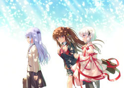  3girls angel_beats! black_jacket black_skirt blazer bow bowl_cut bowtie brown_hair commentary_request company_connection cowboy_shot crossover dappled_sunlight dress grey_skirt hair_ornament hairclip jacket kagari kaginado kazamatsuri_institute_high_school_uniform key_(company) little_busters! long_hair maroya_togiyoru multiple_girls natsume_rin pink_bow pink_bowtie pink_dress pleated_skirt ponytail purple_eyes red_eyes red_ribbon rewrite ribbon school_uniform short_hair skirt sunlight tenshi_(angel_beats!) white_hair white_jacket 