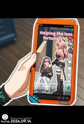 belle_(zenless_zone_zero) black_hoodie blunt_bangs cellphone crop_top food green_eyes holding holding_food holding_phone holding_sandwich hood hoodie mochusama nicole_demara object_focus phone pink_hair rain_(zenless_zone_zero) sandwich smartphone video_(object) zenless_zone_zero 