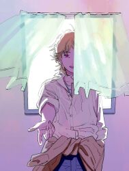  1boy aono-kun_ni_sawaritai_kara_shinitai aono_ryuuhei backlighting black_outline blonde_hair blue_pants brown_jacket brown_sleeve_cuffs brown_sleeves buttons clothes_around_waist collar collarbone collared_shirt cowboy_shot curtains dress_shirt english_text facing_viewer fingernails fujimoto_tatsuki indoors jacket jacket_around_waist long_sleeves medium_hair official_art one_eye_covered open_mouth outline outstretched_arm pants purple_background red_eyes shirt shirt_under_shirt sleeve_cuffs three-quarter_sleeves sleeves_rolled_up t-shirt third-party_source tied_jacket white_collar white_sleeve_cuffs window 