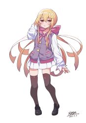  100_percent_orange_juice 1girl absurdres artist_name black_shoes blonde_hair blush buttons chinese_commentary commentary damarinasai_(mineo) grey_thighhighs highres jacket long_hair low_twintails miniskirt open_mouth pocket purple_jacket qp_shooting red_eyes school_uniform shirt shoes signature skirt sleeve_cuffs solo sweet_breaker_(orange_juice) thighhighs twintails very_long_hair white_shirt white_skirt 