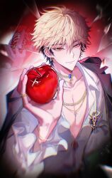  1boy absurdres apple badge black_hair black_jacket blonde_hair blue_gemstone broken_glass chain chain_necklace chinese_commentary closed_mouth collarbone collared_shirt crack cracked_glass cross cross_necklace different_reflection ear_piercing earrings food frilled_sleeves frills fruit gem glass glass_shards glint hair_between_eyes hand_up highres holding holding_food holding_fruit jacket jacket_on_shoulders jewelry long_sleeves looking_at_viewer male_focus multicolored_hair multiple_rings necklace official_alternate_costume open_clothes open_shirt orange_eyes pectoral_cleavage pectorals piercing reflection ring shiguang_dailiren shirt short_hair smile solo two-tone_hair upper_body white_shirt xia_fei yi_ke_si_qsi_mi 