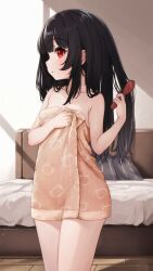  1girl absurdres after_bathing bare_shoulders bed bedroom black_hair breasts brushing_hair brushing_own_hair comodox from_side hair_brush hand_on_own_chest highres huge_filesize indoors loli long_hair looking_at_viewer lulla_(comodox) naked_towel original red_eyes small_breasts solo standing thighs towel 