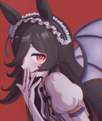  1girl absurdres alternate_eye_color animal_ears asymmetrical_bangs bat_wings black_bow black_bowtie black_hair blood blood_on_face blood_on_hands bow bowtie commentary ears_through_headwear fangs flipped_hair frilled_hairband frills from_side hair_over_one_eye hairband highres horse_ears licking_blood licking_own_finger lolita_hairband long_bangs long_hair looking_at_viewer michikusa_(jrnh4877) no_gloves official_alternate_costume puffy_short_sleeves puffy_sleeves purple_bow purple_bowtie red_bow red_bowtie red_brooch red_eyes rice_shower_(make_up_vampire!)_(umamusume) rice_shower_(umamusume) shirt short_sleeves simple_background skin_fangs smile solo spiked_hair two-tone_bow two-tone_bowtie umamusume upper_body white_shirt wings 