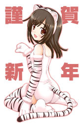  1girl alternate_costume animal_costume animal_ears animal_print ass bakemonogatari bare_shoulders blush brown_eyes brown_hair female_focus kaishinshi monogatari_(series) sengoku_nadeko short_hair simple_background solo tail thighhighs tiger_costume tiger_ears tiger_print tiger_tail tongue  rating:Questionable score:32 user:cashballer