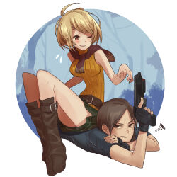  1boy 1girl absurdres ashley_graham black_gloves blonde_hair boots breasts brown_boots brown_eyes brown_hair brown_scarf commentary_request eushima_(sgr) fingerless_gloves flying_sweatdrops gloves gun handgun highres holding holding_gun holding_weapon leon_s._kennedy lying medium_breasts on_stomach one_eye_closed orange_sweater resident_evil resident_evil_4 scarf sitting sitting_on_person smile squiggle sweater v-shaped_eyebrows weapon 