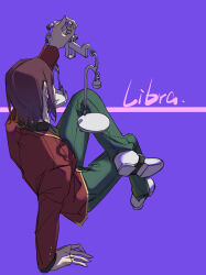  1boy absurdres advanced_nurturing_high_school_uniform arm_up black_shirt blazer collared_shirt crossed_legs from_behind full_body green_pants hand_support hand_up highres holding holding_scale in_air jacket libra_(zodiac) long_sleeves male_focus midair pants purple_background purple_hair red_jacket ryuuen_kakeru school_uniform shirt short_hair sitting solo vest white_footwear yellow_trim yizhongziwei youkoso_jitsuryoku_shijou_shugi_no_kyoushitsu_e zodiac 