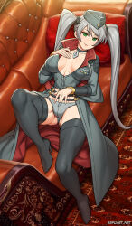  1girl black_boots black_choker black_thighhighs blush boots breast_suppress breasts center_opening choker cleavage coat collarbone come_hither couch gluteal_fold green_eyes grey_coat grey_hair grey_panties groin groin_tendon hair_between_eyes hat high_heel_boots high_heels highres imminent_fingering imminent_masturbation indoors insignia large_breasts linea_alba long_coat long_hair looking_at_viewer lying midriff military_hat military_uniform multicolored_coat on_back on_couch panties pendant_choker pillow red_coat red_pillow rug senran_kagura senran_kagura_new_wave smile solo speh swept_bangs thigh_boots thighhighs tsubame_(senran_kagura) twintails two-tone_coat underwear very_long_hair zipper 
