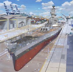  6+girls aircraft airplane akashi_(kancolle) battleship cloud crane_(machine) drydock from_above highres kantai_collection military_vehicle motor_vehicle multiple_boys multiple_girls ooyodo_(kancolle) original outdoors phalanx_ciws ship ship_turret shipping_container sky sparkle uss_missouri_(bb-63) van vehicle_focus warship watercraft ye_fan 