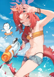  1girl arm_up armpits ataruman bangs_pinned_back bikini bikini_under_shorts blue_archive blue_sky blush bracelet breasts cloud day denim denim_shorts doodle_sensei_(blue_archive) dragon_girl dragon_horn dragon_tail facial_mark hairband halo highres horns jewelry long_hair looking_at_viewer navel o-ring o-ring_bikini ocean official_alternate_costume one_eye_closed open_clothes open_mouth open_shorts orange_hairband outdoors red_eyes red_hair red_tail renge_(blue_archive) renge_(swimsuit)_(blue_archive) sensei_(blue_archive) shorts single_horn sky smile splashing standing swimsuit tail wading water water_gun wet yellow_bikini 