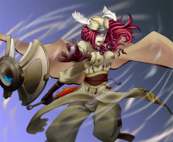  16tom 1girl angry arc_system_works bad_id bad_pixiv_id blazblue blazblue:_continuum_shift blue_eyes cape dagger female_focus gloves hat highres knife kuroshima_tom long_hair military military_uniform open_mouth red_hair shield solo tsubaki_yayoi twintails weapon 