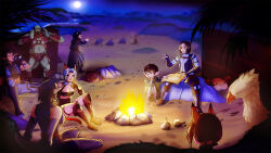  +++ 3girls 6+boys :d adventurer_(ff11) animal_ears bare_shoulders beach bird black_hair black_tube_top blue_gloves bonfire breasts brown_hair cat_ears cat_girl cat_tail chocobo cleavage colored_skin commentary commission crab elf elvaan english_commentary facial_mark final_fantasy final_fantasy_xi fingerless_gloves fire fleeing flying_sweatdrops food footprints full_moon galka gloves green_skin grey_hair holding holding_map hume in-universe_location map medium_breasts mithra_(ff11) moon multiple_boys multiple_girls night night_sky ocean official_art on_rock open_mouth outdoors palm_tree peti_(amaipetisu) pointy_ears shish_kebab sitting sky smile star_(symbol) strapless tail tarutaru tree tube_top water whisker_markings yellow_bird 