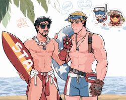  2boys abs arc_reactor armor avengers_(series) bandaid bandaid_on_arm beach black_hair blonde_hair blue_eyes blue_hat blue_shorts brown_gloves captain_america chibi chibi_inset clenched_hand cowboy_shot cup drink drinking_glass drinking_straw english_text facial_hair fingerless_gloves fingernails flower flower_necklace food fruit full_armor full_body gauntlets gloves goggles goggles_on_head grey-framed_eyewear grey_hat hand_on_own_hip hand_up hat heart heart-shaped_eyewear helmet highres holding holding_cup holding_surfboard innertube iron_man jewelry looking_at_another male_focus male_swimwear marvel multicolored_armor multiple_boys multiple_views muscular muscular_male navel necklace nipples notice_lines ocean open_mouth orange_(fruit) orange_slice palm_leaf palm_tree pectorals power_armor red-framed_eyewear red_armor red_bag red_male_swimwear ribbon sand sea_stars seashell shell short_hair shorts smile speech_bubble standing star_(symbol) star_print steve_rogers summer sunglasses superhero_costume surfboard swim_ring teeth tongue tongue_out tony_stark topless_male tree visor_cap weibo_7899261198 white_background white_flower white_ribbon yellow_armor 