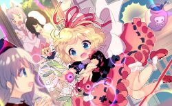  5girls absurdres amo_(shibu3) animal_ears black_hair black_shirt blonde_hair bloomers blue_eyes blue_hat bubble_skirt cross fairy_wings floppy_ears flower frills grey_hair hat highres inaba_tewi indoors knees laughing lily_of_the_valley medicine_melancholy messy_hair mini_person minigirl multiple_girls necktie open_mouth outstretched_hand poison poppy_(flower) profile purple_hair purple_necktie purple_skirt rabbit_ears red_cross red_eyes red_ribbon red_shoes red_skirt reisen_udongein_inaba ribbon shirt shoes short_hair shouji skirt sliding_doors star_(symbol) star_in_eye su-san sunlight surprised symbol_in_eye touhou tripping underwear white_shirt wings yagokoro_eirin 