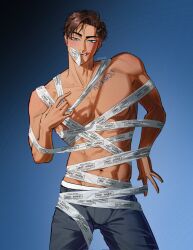  1boy aeruu00 aged_up alien_stage artist_name blood blue_background brown_hair caution_tape chest_tattoo commentary corrupted_twitter_file cowboy_shot dark-skinned_male dark_skin english_commentary grey_eyes grey_pants highres hyunwoo_(alien_stage) licking_blood male_focus navel pants short_hair solo tattoo tongue tongue_out topless_male very_short_hair 