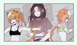  1boy 2girls animal_ears bare_shoulders bed black_bra black_hair blush bra braid breasts cat_ears cat_girl cat_tail cleavage closed_eyes commission commissioner_upload facepaint facial_mark fire_emblem fire_emblem:_path_of_radiance fire_emblem:_radiant_dawn forehead_mark hair_between_eyes lethe_(fire_emblem) lyre_(fire_emblem) multiple_girls nintendo on_bed open_mouth orange_hair orange_tail passport_herb pillow shirt siblings sisters sleeping small_breasts soren_(fire_emblem) t-shirt tail tail_wrap twins underwear whisker_markings 