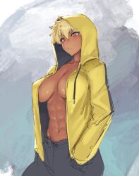 1girl abs black_pants blonde_hair breasts dark_skin hands_in_pockets highres hood hooded_jacket hoodie jacket large_breasts muscular naked_hoodie navel open_clothes open_jacket original pants ranma_(kamenrideroz) red_eyes short_hair sketch tomboy yellow_jacket rating:Questionable score:76 user:danbooru