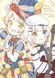 2girls absurdres bang_dream! beret black_camisole black_choker blonde_hair bow camisole choker dated detached_sleeves diagonal_bangs dress dress_bow earrings flat_chest gloves guitar hair_ornament hairclip hand_up hat hello_happy_world! heterochromia highres holding holding_guitar holding_instrument holding_plectrum instrument jewelry kaname_raana looking_at_viewer michelle_(bang_dream!) multicolored_dress multiple_girls mygo!!!!!_(bang_dream!) necklace official_alternate_costume open_mouth plectrum signature smile teeth top_hat tsurumaki_kokoro two-tone_shirt upper_body upper_teeth_only white_gloves wolf_cut yachi_(m104yj) yellow_eyes