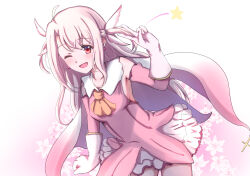  1girl ;d ascot bare_shoulders breasts commentary_request cowboy_shot cross dress earrings fate/kaleid_liner_prisma_illya fate_(series) feather_hair_ornament feathers floral_background giorgio_(yo_sumire_sola1) gloves hair_ornament illyasviel_von_einzbern jewelry leaning_forward long_hair looking_at_viewer magical_girl one_eye_closed open_mouth orange_ascot pink_dress pink_gloves pink_hair pink_sleeves prisma_illya red_eyes sidelocks simple_background smile solo star_(symbol) two_side_up 