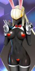  1girl aeda_type-g artist_name auto_guard_system bad_id bad_pixiv_id black_skin bow bowtie breasts colored_skin double_v faceless fishnets gloves highres jazz_jack last_origin navel pasties rabbit_ears robot shiny_skin signature solo thighhighs v  rating:Questionable score:16 user:Rikko-43