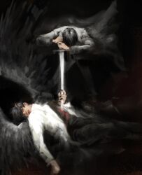  2boys attack bad_anatomy bad_hands black_coat black_hair black_nails black_shirt black_wings blood blood_on_clothes closed_eyes coat demon_horns feathered_wings full_body head_down highres holding holding_sword holding_weapon horns impaled implied_murder kim_dokja lying macaronijail male_focus multiple_boys omniscient_reader&#039;s_viewpoint on_back on_ground popped_collar shirt short_hair spread_legs stab standing sword weapon white_coat wings yoo_joonghyuk 