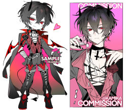  1boy ankle_boots aroused artist_name bat_wings belt black_boots black_choker black_coat black_gloves black_hair black_horns black_nails boots brooch capelet chibi choker coat collage collared_shirt commission criss-cross_straps cross cum cum_on_body cum_on_male cum_on_pectorals cumdrip cup demon demon_boy demon_horns demon_tail ear_piercing english_text flower full_body gloves grey_shorts hair_between_eyes heart heart_tail holding holding_cup horns jewelry kamika lace-up lace-up_legwear long_coat looking_at_viewer male_focus messy_hair multiple_views naughty_face necklace open_clothes open_coat open_shirt original pale_skin parted_bangs pectorals piercing pink_background pink_shirt pointy_ears portrait red_eyes red_lining reference_sheet rose sample_watermark seductive_smile shirt short_hair short_shorts shorts signature simple_background sleeveless sleeveless_shirt smile smirk socks_over_fishnets tail thigh_strap upper_body watermark white_background wings 