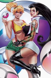  2girls arm_tattoo black_boots black_gloves black_hair blonde_hair blue_eyes boots breasts cosplay crop_top denim denim_shorts elias_chatzoudis eyeshadow fingerless_gloves gloves green_shorts high_heel_boots high_heels highres holding holding_poke_ball jessie_(pokemon) jessie_(pokemon)_(cosplay) large_breasts long_hair looking_at_viewer makeup microskirt misty_(pokemon) misty_(pokemon)_(cosplay) multiple_girls nintendo nontraditional_poke_ball notti notti_&amp;_nyce nyce poke_ball pokemon purple_eyeshadow red_suspenders short_shorts shorts signature skirt skull_tattoo tank_top tattoo thigh_boots white_skirt yellow_tank_top 