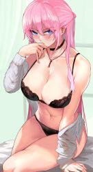 1girl absurdres arm_support bare_shoulders black_bra black_choker black_panties blue_eyes blush bra breasts choker cleavage collarbone covered_mouth covering_own_mouth hair_between_eyes hand_up highres jewelry kawaii_dake_ja_nai_shikimori-san large_breasts long_hair long_sleeves looking_at_viewer loooyd nail_polish necklace off_shoulder panties pink_hair pink_nails shikimori_miyako shirt sidelocks sitting solo thighs underwear very_long_hair white_shirt rating:Sensitive score:199 user:danbooru