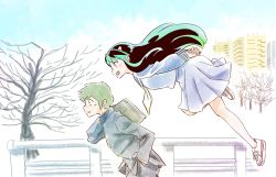  1boy 1girl bag black_hair building cone_horns floating gakuran green_eyes green_hair hand_in_pocket highres horns long_hair lum moroboshi_ataru nishikawa_takashi school_bag school_uniform serafuku shoes sneakers tree urusei_yatsura 