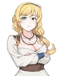  1girl blonde_hair braid breasts cleavage closed_mouth collarbone dress flower hair_flower hair_ornament hairband half_up_braid heterochromia jewelry large_breasts long_hair long_sleeves looking_at_viewer monogatari_(series) necklace oshino_shinobu princess princess_acerola red_eyes ricman_rt running_bond solo very_long_hair wazamonogatari white_dress yellow_eyes 
