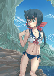  1girl bikini blue_eyes blue_hair blush breasts cliff cloud cloudy_sky collarbone constanze_amalie_von_braunschbank-albrechtsberger female_focus hair_ornament hair_ribbon hand_on_own_shoulder little_witch_academia long_hair navel ocean outdoors ponytail ribbon rozen110 sailor_bikini sailor_collar shiny_skin side-tie_bikini_bottom sky small_breasts solo swimsuit thick_eyebrows wet  rating:Sensitive score:13 user:danbooru