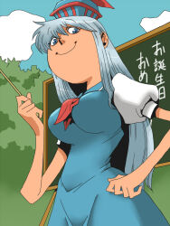  1girl blue_dress blue_eyes blue_hair blue_hat blue_sky breasts chalkboard closed_mouth cloud commentary_request cowboy_shot day dress from_below hat highres holding holding_pointer kamishirasawa_keine large_breasts long_hair looking_at_viewer neckerchief onikobe_rin outdoors pointer puffy_short_sleeves puffy_sleeves red_neckerchief short_sleeves sky smile solo teacher touhou tree 