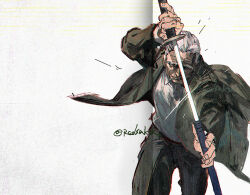  1boy brown_pants coat holding holding_sheath holding_sword holding_weapon katana old old_man pants redsakaone sakamoto_days sheath shirt solo sword takamura_(sakamoto_days) thick_eyebrows twitter_username weapon white_hair white_shirt wrinkled_skin 