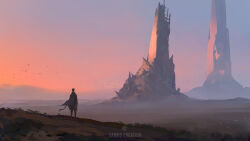  1boy cambocreation cloak flock fog from_behind hill landscape looking_ahead original painterly ruins scenery sunset tower watermark 