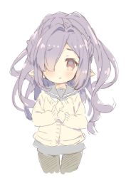 1girl black_pantyhose blush brown_eyes cardigan commentary_request cowboy_shot female_focus granblue_fantasy grey_sailor_collar grey_skirt hair_over_one_eye harvin long_hair long_sleeves looking_at_viewer meito_(maze) niyon_(granblue_fantasy) own_hands_together pantyhose parted_lips pointy_ears purple_hair sailor_collar school_uniform serafuku shirt simple_background skirt solo very_long_hair white_background white_shirt rating:Sensitive score:4 user:danbooru