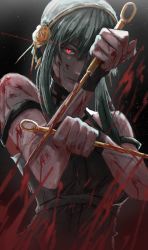  1girl absurdres artist_request black_dress black_hair blood blood_on_clothes blood_on_face blood_on_hands bloody dress gold_hairband hairband highres long_hair red_eyes solo spy_x_family yor_briar 