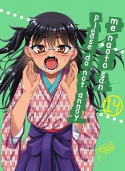  1girl alternate_universe artist_name black_hair brown_eyes comic_cover_redraw commentary_request derivative_work glasses green_background hakama hands_up highres ijiranaide_nagatoro-san japanese_clothes long_hair looking_at_viewer mao_bunny nagatoro_hayase open_mouth purple_hakama role_reversal solo spanish_commentary straight-on tan teeth two_side_up unmoving_pattern yagasuri 