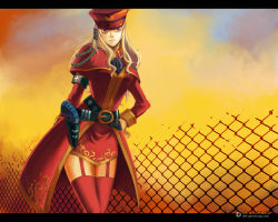  00s belt blonde_hair dungeon_and_fighter fence fighter_(dungeon_and_fighter) gun_holster hat leggings 