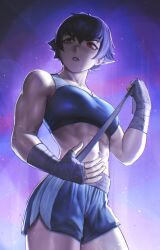  1girl abs absurdres bandaged_arm bandaged_hand bandages bare_shoulders black_hair black_shorts black_sports_bra breasts collarbone commentary cowboy_shot devil_may_cry_(netflix) devil_may_cry_(series) english_commentary green_eyes hair_between_eyes heterochromia highres lady_(devil_may_cry) light_particles looking_at_another medium_breasts muscular muscular_female navel numanoan parted_lips purple_background red_eyes short_hair shorts solo sports_bra stomach teeth 