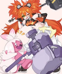  1girl ahoge animal_ears bare_shoulders bear_ears black_gloves breasts crop_top crossover eyepatch fake_animal_ears fingerless_gloves gen_9_pokemon gloves hair_between_eyes hammer highres holding holding_hammer koleda_belobog long_hair midriff navel nintendo pants pokemon pokemon_(creature) red_eyes red_hair shirt teeth tinkaton twintails user_nxnz3443 weapon_connection zenless_zone_zero 