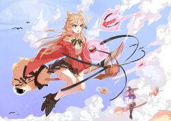  3girls absurdres animal_ear_fluff animal_ears bag black_shoes blonde_hair bow bowtie broom broom_riding brown_eyes cat_ears cloud cloudy_sky coat commentary_request dildo dildo_gag feathermare flying full_body gag hat highres long_hair multiple_girls open_mouth original outdoors pink_hair pleated_skirt potion red_coat rope sex_toy shirt shoes skindentation skirt sky teeth thighhighs upper_teeth_only very_long_hair white_thighhighs witch witch_hat zettai_ryouiki 