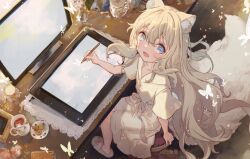  1girl :d blonde_hair blue_eyes blush breasts bug butterfly commentary commission cup drawing_tablet dress from_above holding holding_stylus indoors insect long_hair looking_at_viewer looking_up open_mouth original sitting skeb_commission slippers small_breasts smile solo stylus symbol-only_commentary white_butterfly white_dress yutsumoe 