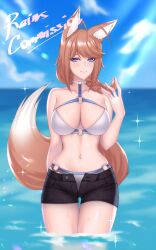  1girl animal_ears arm_behind_back artist_name bare_shoulders bikini black_shorts blue_eyes blue_sky blurry blurry_background blush braid braided_ponytail breasts brown_hair cero_rains cleavage closed_mouth collarbone commentary commission cowboy_shot denim denim_shorts english_commentary fox_ears fox_girl fox_tail hand_up highres in_water large_breasts lips long_hair looking_at_viewer mole mole_under_eye navel ocean open_fly original outdoors short_shorts shorts sidelocks single_braid sky smile solo sparkle sparkling_aura stomach sunlight swimsuit tail thigh_gap thighs white_bikini 