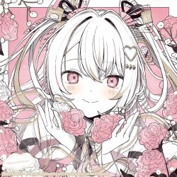  alternate_eye_color black_bow black_bowtie black_ribbon blonde_hair border bow bowtie close-up closed_mouth crossed_bangs diamond_hair_ornament floral_background flower gold_trim hair_bow hair_intakes hair_ornament hair_ribbon haku_(kumorimuu) hands_up heart heart_hair_ornament holding holding_flower kumorimuu limited_palette long_hair long_sleeves looking_at_viewer multicolored_hair original outside_border parted_bangs pink_background pink_bow pink_eyes pink_flower pink_hair pink_ribbon pink_theme ribbon see-through_clothes sleeves_past_wrists smile streaked_hair twitter_username two_side_up white_border white_flower white_hair wrist_ribbon 