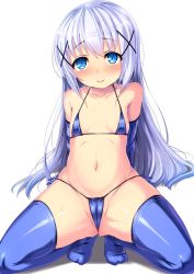 1girl arm_support bikini blue_eyes blue_gloves blue_hair blue_thighhighs blush breasts cameltoe collarbone elbow_gloves female_focus flat_chest gloves gochuumon_wa_usagi_desu_ka? hair_ornament highres houbunsha kafuu_chino loli long_hair looking_at_viewer matching_hair/eyes micro_bikini navel pussy_juice satou_kuuki small_breasts solo spread_legs squatting sweat swimsuit thighhighs x_hair_ornament rating:Explicit score:261 user:danbooru