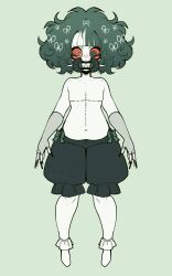  1other absurdres belly blunt_bangs bow colored_sclera dental_gag dreamalgia fingerless_gloves fingernails fluffy gloves hair_bow highres long_fingernails mastectomy_scar navel original plump red_sclera rosalind_(dreamalgia) scar scar_on_chest shorts socks spiked 