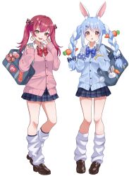 absurdres alternate_costume animal_ears bag blue_cardigan blue_hair braid cardigan commentary_request full_body gyaru heterochromia highres holding holding_bag hololive houshou_marine leg_warmers long_hair multicolored_hair nametakeko pink_cardigan pleated_skirt rabbit_ears rabbit_girl red_eyes red_hair shirt simple_background skirt twin_braids twintails two-tone_hair usada_pekora virtual_youtuber white_background white_hair white_leg_warmers white_shirt yellow_eyes rating:General score:5 user:danbooru
