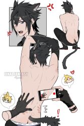 ! 3boys anger_vein animal_ears aqua_eyes aries20770321 arms_up ass back bite_mark bite_mark_on_ass bite_mark_on_shoulder black_boots black_gloves black_hair black_jacket black_pants blonde_hair blue_eyes boots bruise butt_crack cat_boy cat_ears cat_tail cellphone chibi cloud_strife commentary copyright_name facing_away fangs final_fantasy final_fantasy_vii final_fantasy_xv fingerless_gloves gloves hand_on_another&#039;s_back handprint heart highres holding holding_phone injury jacket jitome kemonomimi_mode male_focus male_underwear male_underwear_peek multiple_boys multiple_views no_mouth noctis_lucis_caelum open_mouth pants phone prompto_argentum recording short_hair signature smartphone speech_bubble spiked_hair spoken_anger_vein spoken_heart squatting tail topless_male underwear undressing white_background yaoi