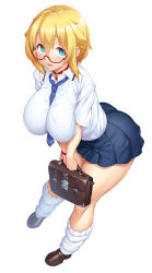 1girl ass bare_legs blonde_hair breasts cleavage curvy female_focus full_body hair_between_eyes highres huge_ass huge_breasts lilith-soft looking_at_viewer potion_(moudamepo) school_uniform shinohara_mari shiny_skin short_hair simple_background skirt smile solo taimanin_(series) taimanin_asagi taimanin_rpgx thick_thighs thighs white_background rating:Sensitive score:85 user:AnonJ