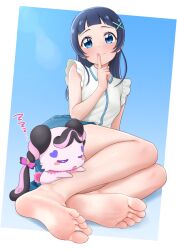  1girl aokaze_nana arched_bangs arm_support bare_arms bare_legs barefoot black_bow black_hair blue_background blue_eyes blue_hair blue_skirt blush blush_stickers bow breasts butterfly_bow butterfly_hair_ornament closed_eyes closed_mouth collar collared_shirt commentary creature curly_hair facial_mark fairy feet finger_to_mouth fingernails foot_focus full_body fur-trimmed_collar fur_trim hair_bow hair_ornament hands_on_another&#039;s_leg heart heart_facial_mark highres hinosaki index_finger_raised kimi_to_idol_precure long_hair looking_at_viewer mascot meroron_(fairy)_(precure) meroron_(precure) multicolored_bow multicolored_hair open_mouth pink_bow pink_collar pink_fur precure shirt short_twintails shushing simple_background sitting skirt sleeping sleeveless sleeveless_shirt small_breasts smile soles star_(symbol) star_hair_ornament tail toes twintails two-tone_background two-tone_bow two-tone_hair white_background white_shirt x_hair_ornament zzz 